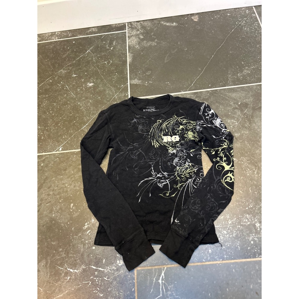 Realtree Girl Black Thermal Long Sleeve Graphic Tee Y2K Filigree Scroll Small